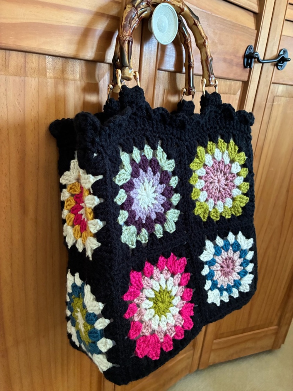 Handmade Black Crochet Tote Bag with Multicolor Floral Squares - Picture 3 of 5